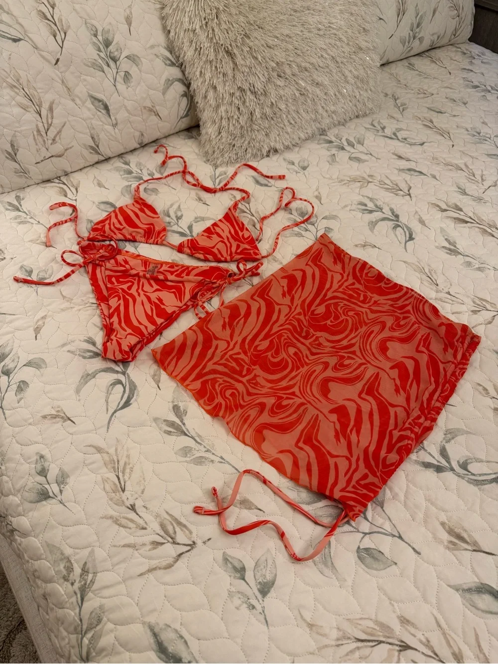 coral Swirl Mesh Bikini Top & Matching Skirt Set